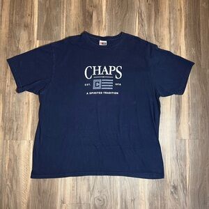 Vintage 90s Chaps Navy Blue Spellout Flag Graphic Logo T-shirt Size XXL